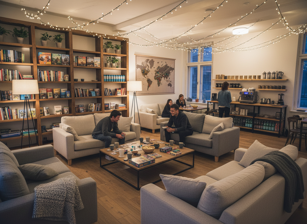 A cozy, modern hostel common room at dusk, with low sofas wrapped in textured neutral fabrics, a large bookshelf filled with travel guides, and a central coffee table covered in board games, card decks, and a shared bowl of snacks. String lights and warm floor lamps cast a soft, inviting glow, reflecting off a large world map pinned with colorful markers. In the background, a small kitchenette shows neatly arranged tea tins, coffee equipment, and sparkling water bottles. Photographic realism captures the warm, inclusive mood, framed from a slightly elevated angle to show the whole room as a welcoming, alcohol-free social hub for travelers.