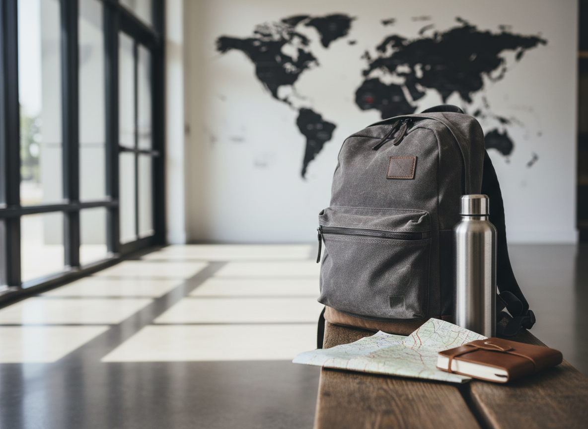 A neatly packed, compact travel backpack made of weathered charcoal-gray canvas rests on a simple wooden bench in a bright, minimalist hostel lobby. A reusable stainless steel water bottle, a worn paper map, and a slim travel journal lie beside it, all carefully arranged to suggest intentional, sober travel. Soft morning light filters through large windows, casting gentle shadows across polished concrete floors and a world map mural in the blurred background. Shot at eye level with a shallow depth of field, the composition feels calm, organized, and inviting. Photographic realism emphasizes texture and detail, reinforcing a professional yet approachable tone.