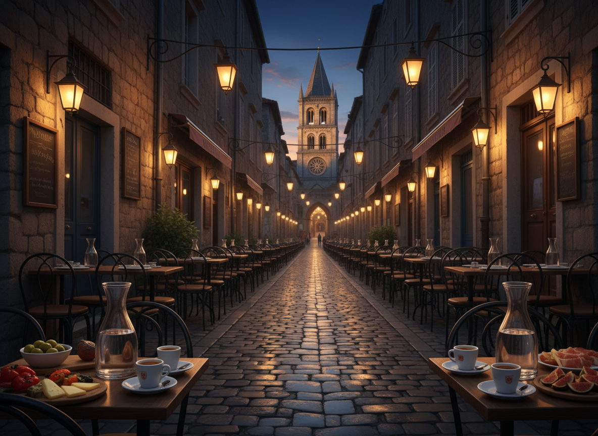 A narrow cobblestone street in an old European city at blue hour, captured in photographic realism. Small cafes and restaurants line the street, but their outdoor tables feature carafes of water, ceramic cups of espresso, and plates of vibrant food instead of any alcohol. Overhead, warm lanterns cast pools of golden light that reflect off the stones, while a distant cathedral tower glows softly. The composition uses a leading-line perspective drawing the viewer down the lane, with crisp detail in the foreground and gentle softness in the distance. The mood is serene and contemplative, emphasizing how sober travelers can savor local culture and atmosphere.