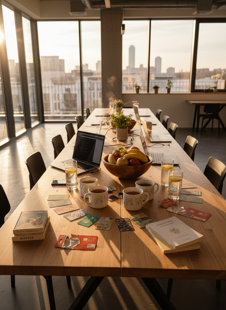 A sunlit communal table in a modern co-working space abroad, covered with open laptops, colorful transit cards, local SIM card packaging, and a small stack of language phrasebooks in different scripts. A ring of ceramic mugs filled with herbal tea, sparkling water glasses, and a bowl of fresh fruit replaces any alcohol imagery. Floor-to-ceiling windows reveal an out-of-focus city skyline with distinctive architecture. Warm afternoon light creates a golden, collaborative atmosphere, with clean lines and sharp focus throughout. The eye-level, rule-of-thirds composition conveys productivity, connection, and the grounded routine of sober digital nomad life in photographic realism.