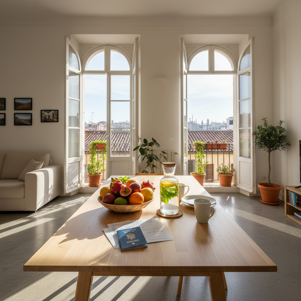 A spacious, light-filled apartment abroad that feels like a temporary home for a sober expat. A simple wooden dining table holds a colorful spread of local fruits, a carafe of infused water with citrus and mint, and a small stack of immigration documents and rental agreements. Tall windows reveal a balcony with potted plants and a hint of distant rooftops. Morning light floods the room, creating bright, optimistic energy with soft shadows. The composition is balanced and uncluttered, shot at eye level in photographic realism, conveying stability, routine, and the practical side of long-term sober living overseas.